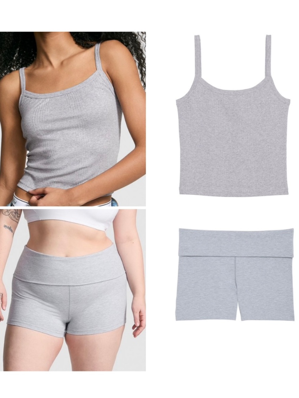 VICTORIA’S SECRET PINK Rib Cami & Cotton Foldover 3” Bike Shorts Heather Grey XL